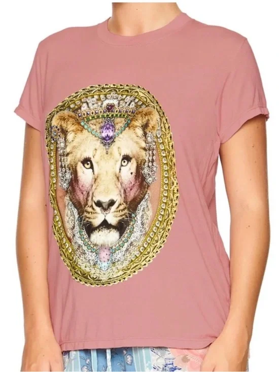 Camilla Rose Pink Short Sleeve Tee with Bejeweled Lion Motif top cotton - Picture 1 of 6